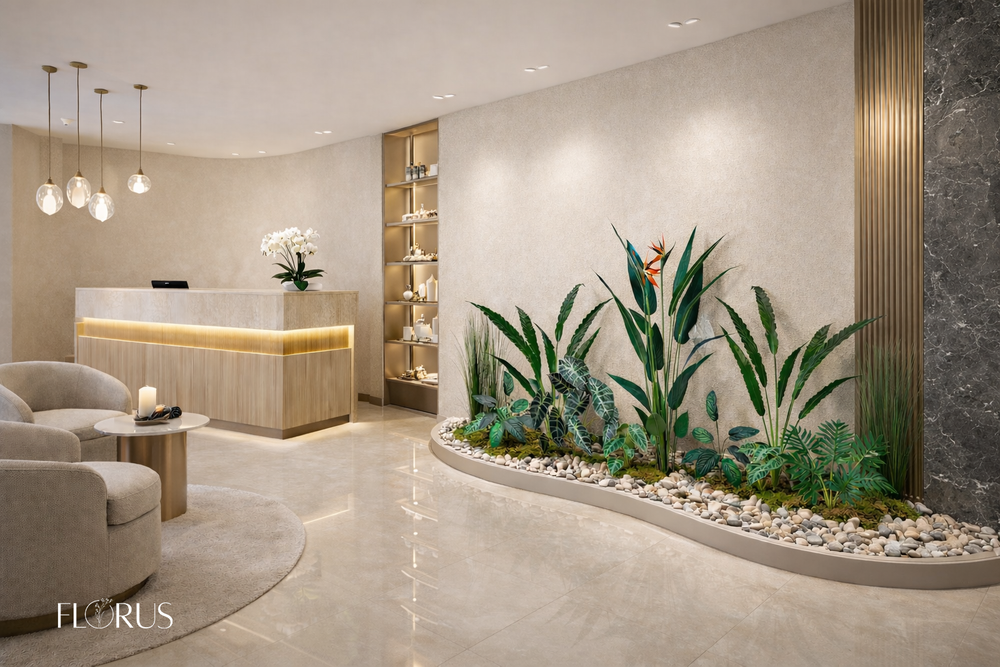 Напольная композиция в стиле тропики с кустами стрелиции высотой 150 см, длина 1,8–2 м