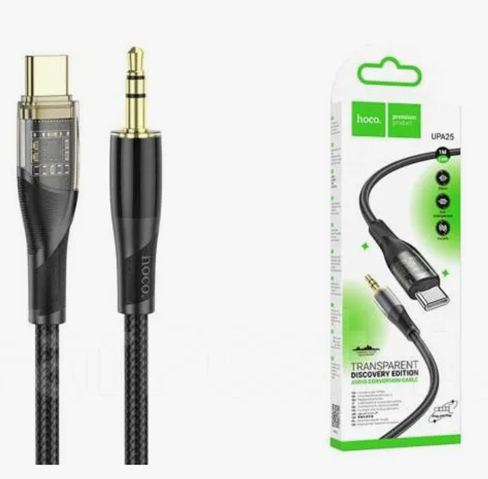 Шнур AUX (аудиокабель)-адаптер Айфон lighting 3,5А, 1,0м черный "Hoco" UPA25