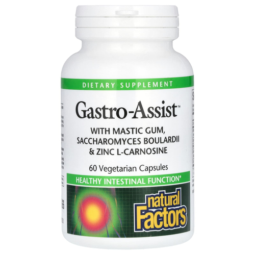 Natural Factors, Gastro-Assist™ с мастиковой смолой, сахаромицетами буларди и цинк-L-карнозином, пищевая добавка, 60 вегетарианских капсул