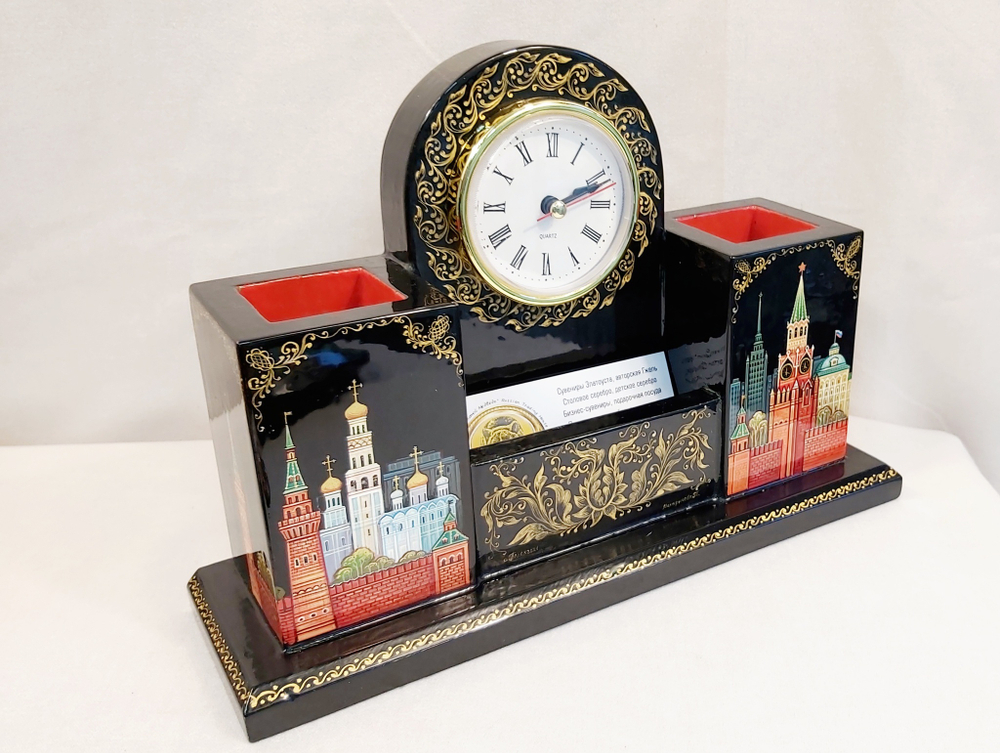 Настольный набор с часами с ручной росписью Палех "Москва " №2
