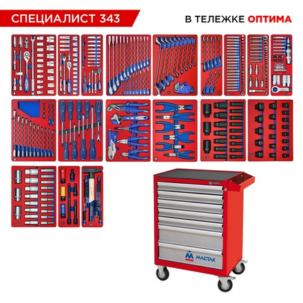 МАСТАК (52-07343R) Набор инструментов 343 предмета, "СПЕЦИАЛИСТ 343", в красной тележке