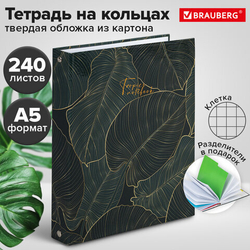 Тетрадь на кольцах А5 175х215мм, 240л, твердый картон, с разделителями, BRAUBERG, Листья, 404099