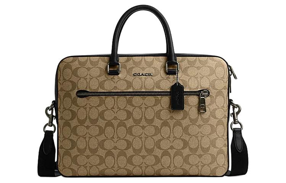 COACH ETHAN PVC Portable One Shoulder Crossbody Briefcase Large Men"s Bronze Hardware & Khaki & Black