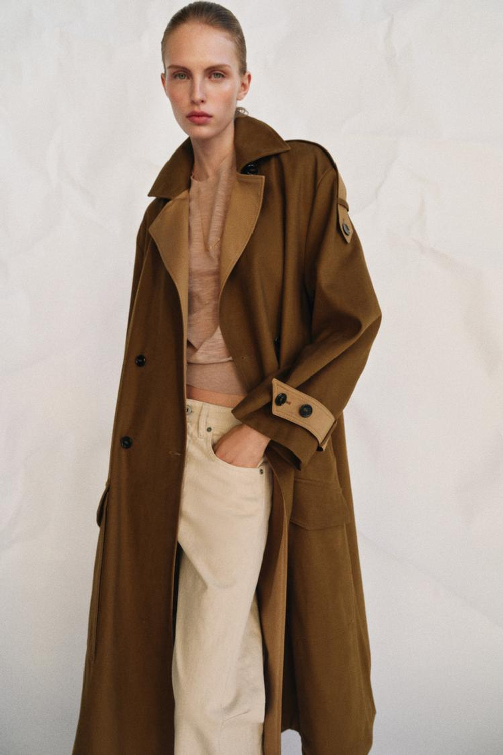 ZARA ДЛИННЫЙ КОМБИНИРОВАННЫЙ ТРЕНЧ — ZW COLLECTION, МЯГКИЙ КАШТАНОВЫЙ