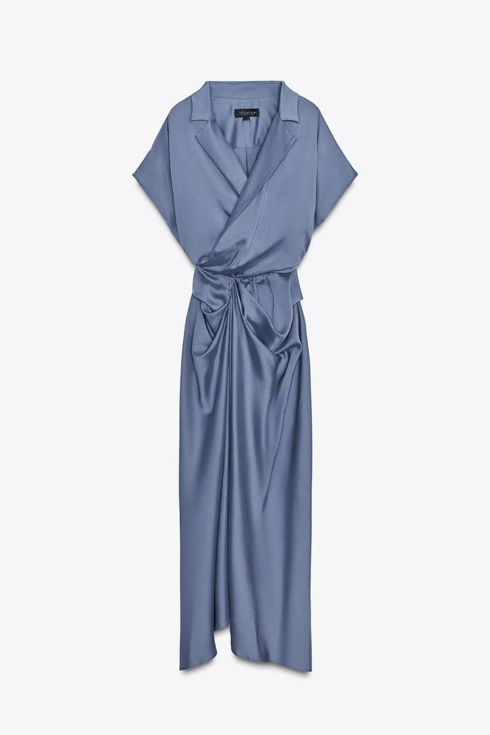 ZARA АТЛАСНОЕ ПЛАТЬЕ С ЗАПАХОМ ZW COLLECTION, СЕРО-СИНИЙ