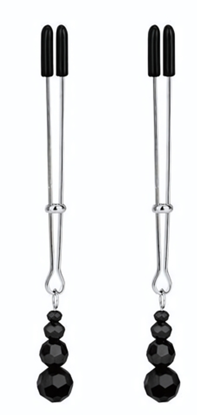 Регулируемые зажимы-пинцеты для сосков с черными бусинками (Цвет: черный с серебристым)