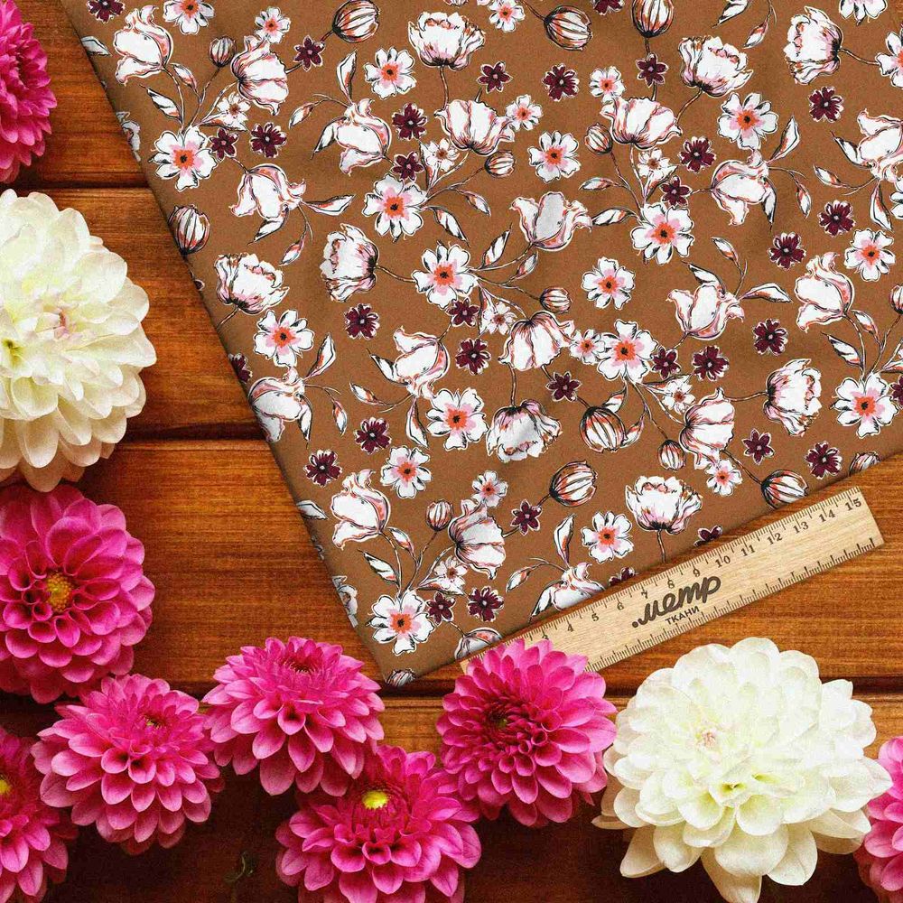 Ткань бифлекс цветы на бежевом