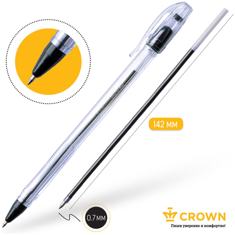 Ручка шариковая Crown Oil Jell черная, 0,7мм, прозрачный корпус