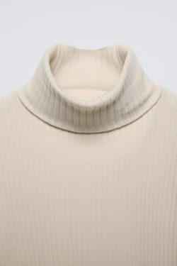 ZARA ФУТБОЛКА В РУБЧИК С ОТВОРОТОМ НА ВОРОТНИКЕ, ЭКРЮ