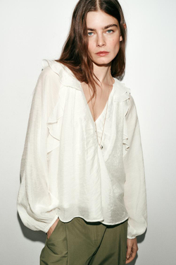 ZARA БЛУЗА С ВОЛАНАМИ И СБОРКАМИ, БЕЛЫЙ