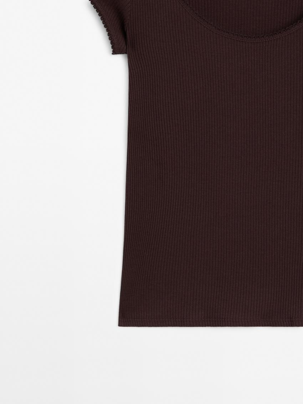 Massimo Dutti Футболка из хлопка с отделкой кружевом, коричневый