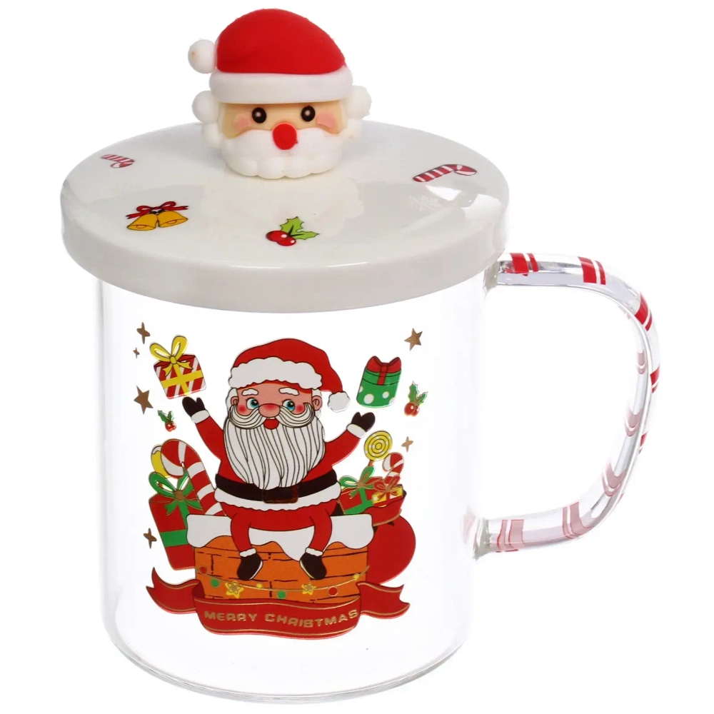 Кружка стеклянная 450мл «Новогодние гуляния» с керамической крышкой