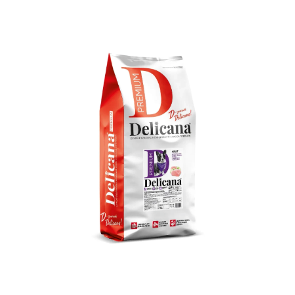 Cухой полнорационный корм для взрослых собак средних пород индейка с овощами Delicana 15кг