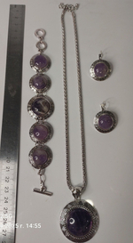 Комплект бижутерии подвеска, цепь, браслет, серьги Аметист Круг.(натуральный камень, бижутерный сплав)