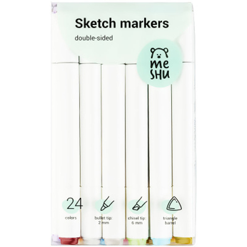 Набор двусторонних маркеров для скетчинга MESHU 24цв., пастельные цвета, корпус трехгранный, пулевид./клиновид.наконечники, ПВХ-бокс