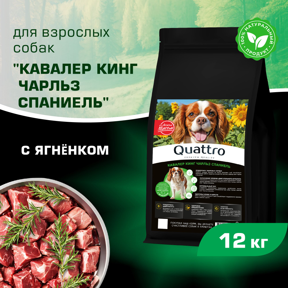 Корм сухой для взрослых собак породы Кавалер кинг Чарльз спаниель, с ягненком, 12 кг, QUATTRO
