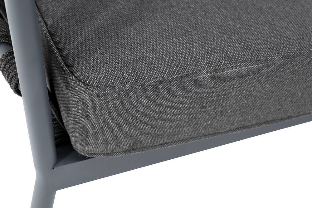 "Диего" диван 2-местный плетеный из роупа, каркас алюминий темно-серый (RAL7024) муар, роуп темно-серый круглый, ткань темно-серая 027