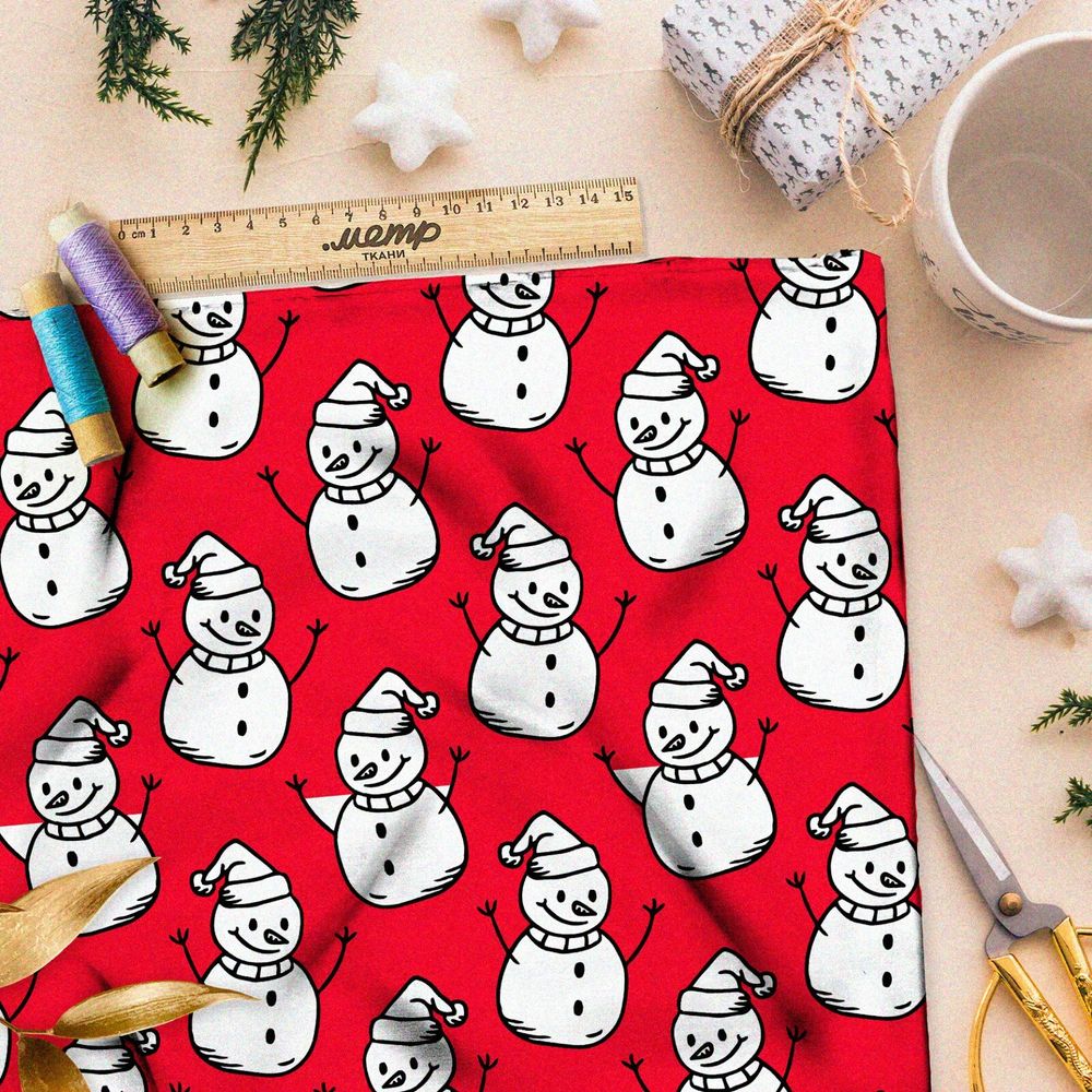 Ткань оксфорд 600 весёлые снеговики на красном фоне
