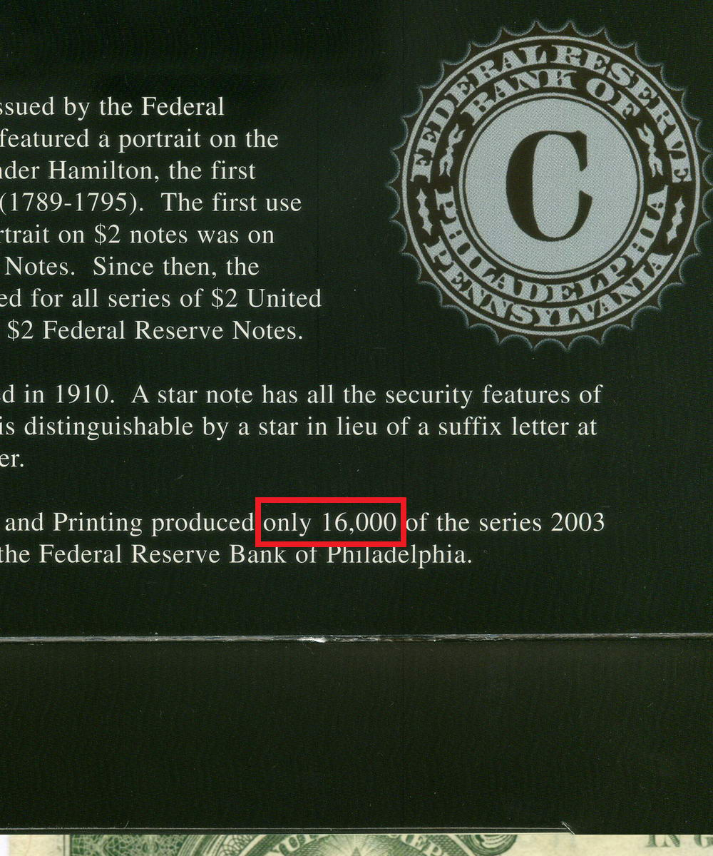 Банкнота США 2 доллара 2003 год C 00004645 * (Филадельфия) в буклете. Звездная коллекционная серия, тираж 16000
