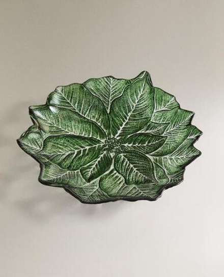 ZARA HOME НОВОГОДНЯЯ ДЕСЕРТНАЯ ТАРЕЛКА ИЗ СТЕКЛА В ФОРМЕ ЦВЕТКА, ЗЕЛЕНЫЙ