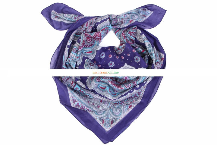 Платок материал Хлопок 100% "Огурцы, цветы" цвет красный голубой на фиолетовом 100x100 см.