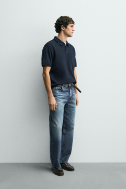 ZARA ПОЛО REGULAR FIT С РЕЛЬЕФНОЙ СТРУКТУРОЙ, МОРСКОЙ СИНИЙ