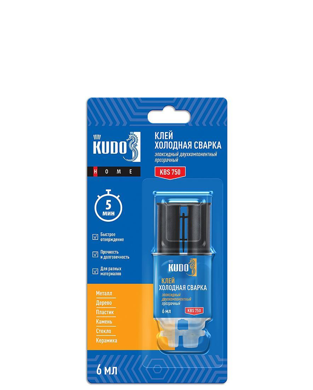 Клей эпоксидный двухкомпонентный прозрачный KUDO HOME, 6 мл