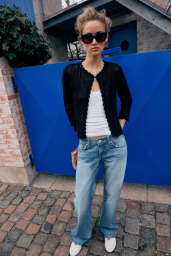 ZARA ВЯЗАНЫЙ КАРДИГАН С УЗОРОМ POINTELLE, ЧЕРНЫЙ