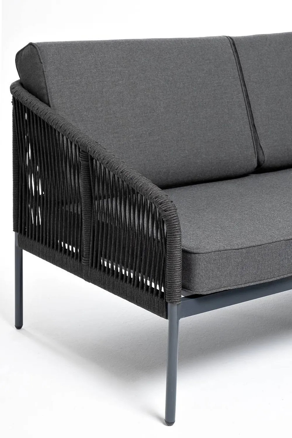 "Канны" правый модуль плетеный из роупа, каркас алюминий темно-серый (RAL7024) муар, роуп темно-серый круглый, ткань темно-серая 027