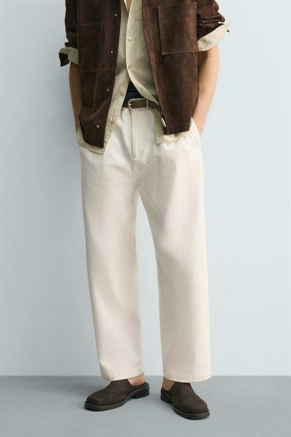ZARA БРЮКИ CHINO WIDE-LEG СО СКЛАДКАМИ, БЕЛЫЙ