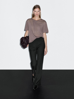 Massimo Dutti Футболка с коротким рукавом и асимметричной застежкой, экрю