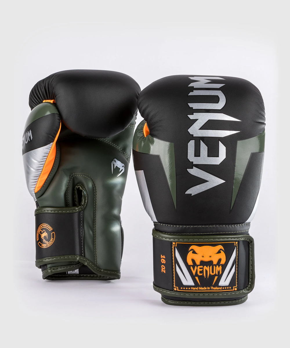 Перчатки боксерские Venum Elite Black/Silv/Khaki/Orange