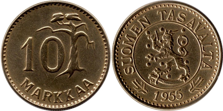 Финляндия 10 марок, 1952 - 1962 Сосна XF