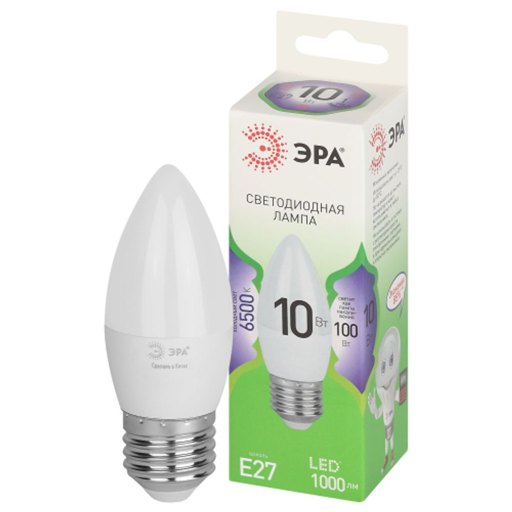 Лампочка светодиодная ЭРА GREEN LINE LED B35-10W-865-E27 GL E27 10 Вт свеча холодный свет | Лампы cветодиодные Свеча (B/C)