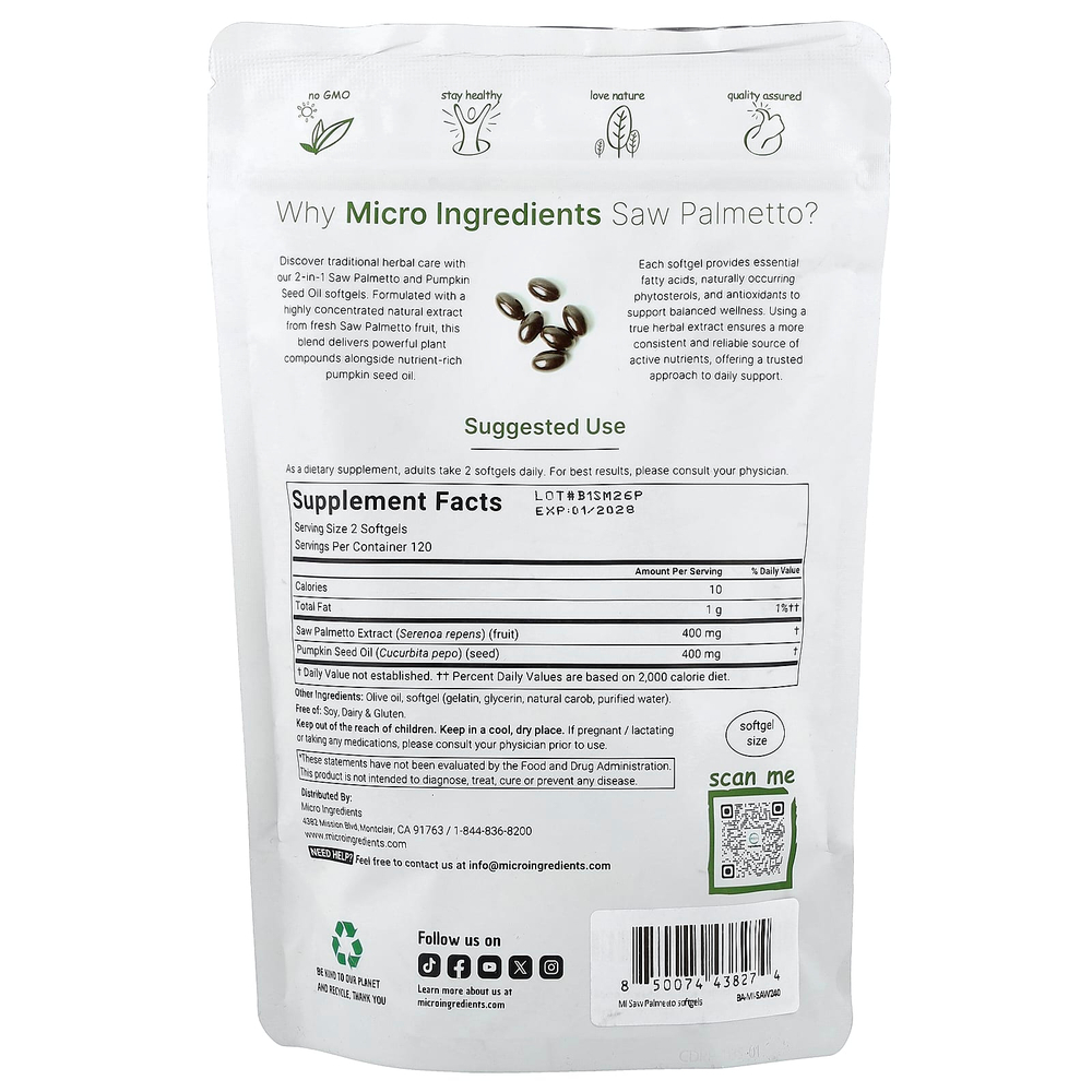 Micro Ingredients, сереноя с маслом семян тыквы, 240 капсул