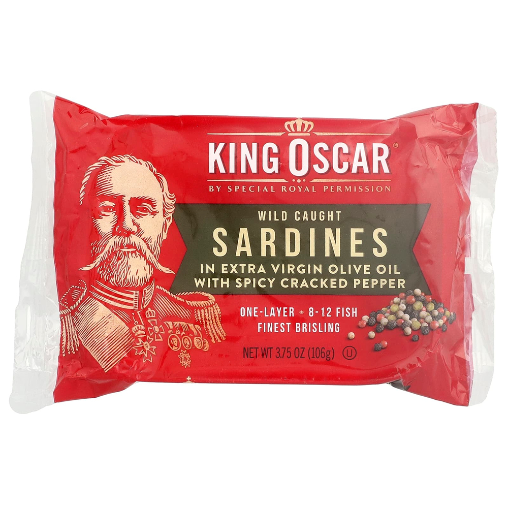 King Oscar, сардины дикого улова в нерафинированном оливковом масле высшего качества с пряным молотым перцем, в один слой, 106 г (3,75 унции)