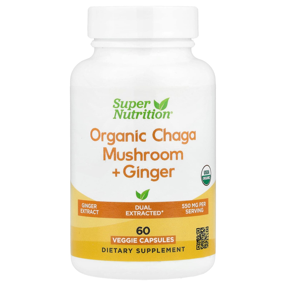 Super Nutrition, органический гриб чага с имбирём, 60 вегетарианских капсул