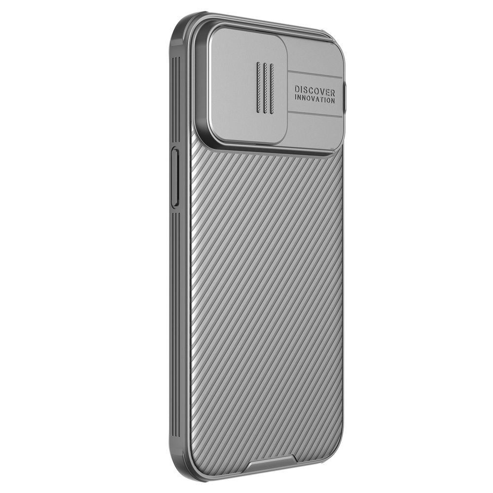 Чехол серого цвета (Titanium Gray) от Nillkin на iPhone 15 Pro Max, серия CamShield Pro Case, с защитной шторкой для камеры