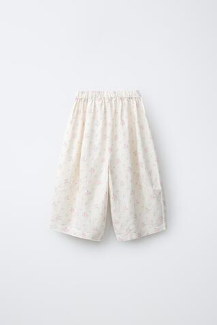 ZARA БРЮКИ В ПОЛОСКУ С БАНТАМИ ИЗ СМЕСОВОГО ЛЬНА С ЦВЕТОЧНЫМ ПРИНТОМ, ЭКРЮ
