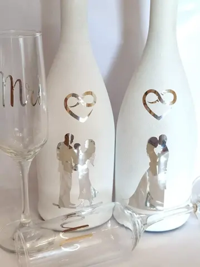 Наклейки свадебные зеркальное серебро на бокалы и бутылки.