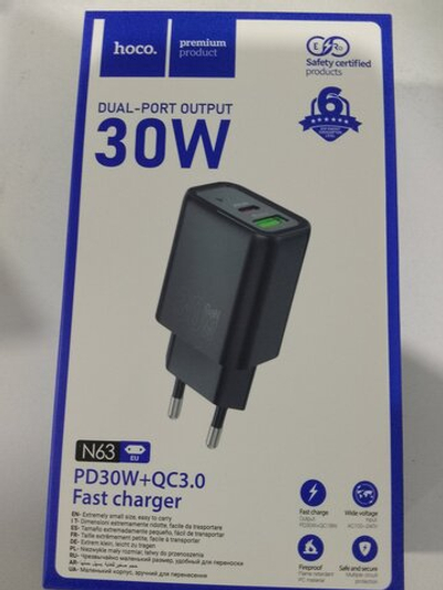 Сетевое зарядное устройство 1 USB, 1 Type-C Hoco N63 Gentle, 3.0A, PD30Вт, цвет: чёрный