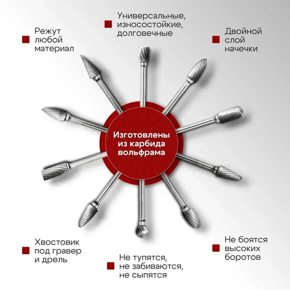 Шарошки по металлу и дереву твердосплавные борфрезы 10 шт из карбида вольфрама хвостовик 3мм.