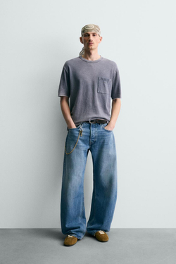 ZARA ФУТБОЛКА RELAXED FIT С ЭФФЕКТОМ ПОТЕРТОСТИ, ЛИНЯЛЫЙ СИНИЙ