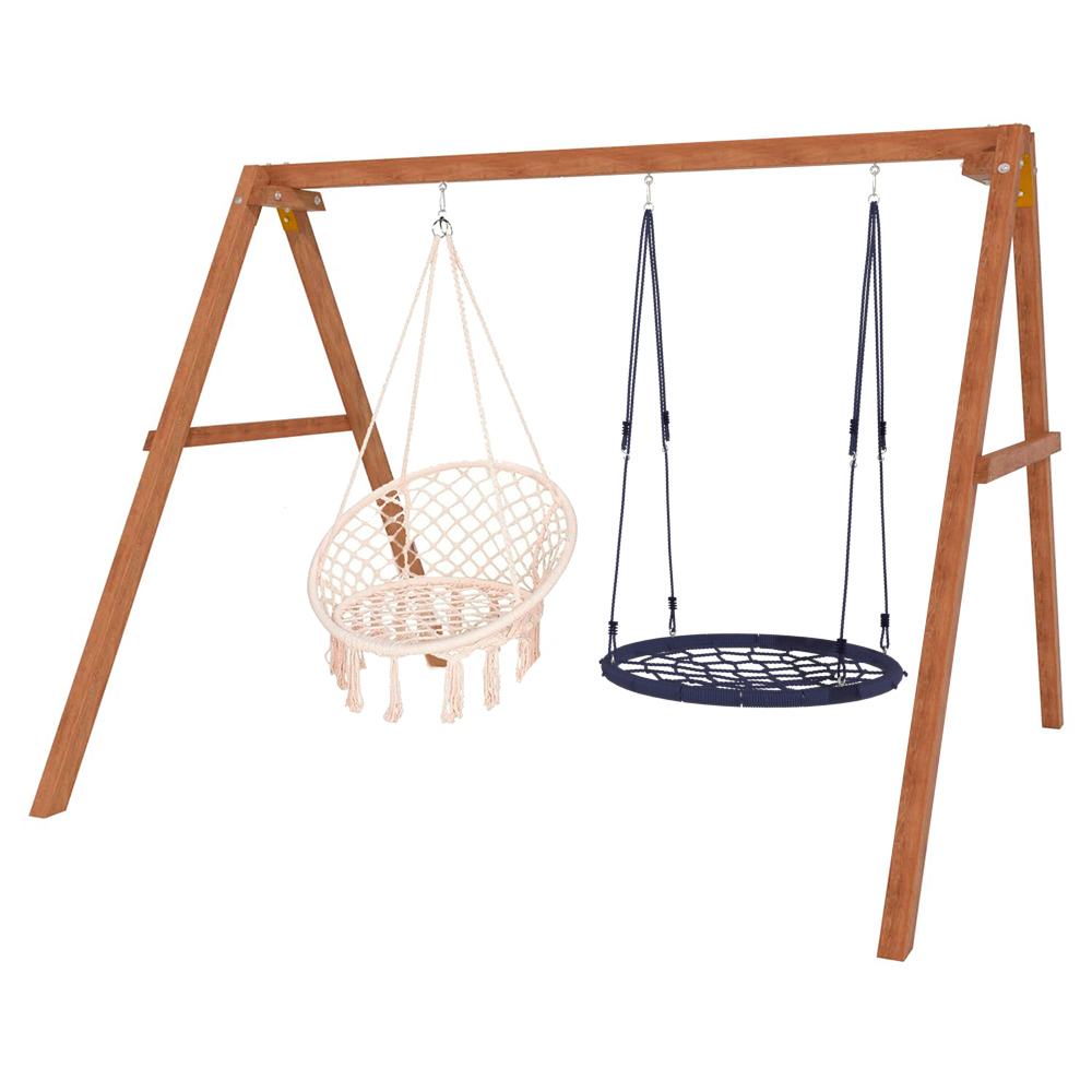 Деревянные качели с подвесными креслами в бежевом цвете и гнездом 100 см