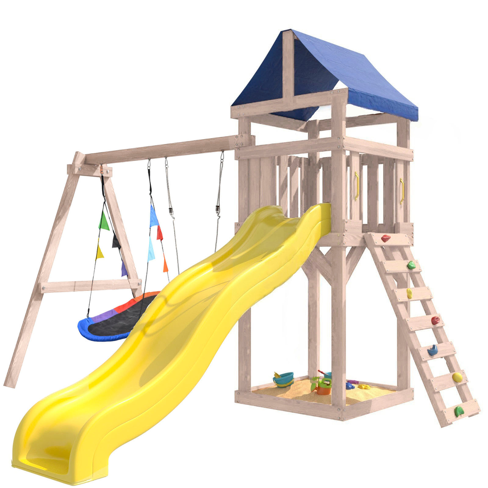 Детская площадка неокрашенная Сlassic с качелями лодочка и овальным разноцветным гнездом IgroWoods для улицы и дачи