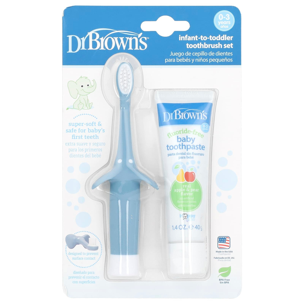Dr. Brown's, Набор зубных щеток для малышей, 0–3 лет, синий, яблочная груша, набор из 2 предметов