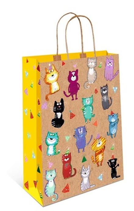 Пакет подарочный, Крафт, Котики, Желтый, 32*26*12 см, 1 шт.