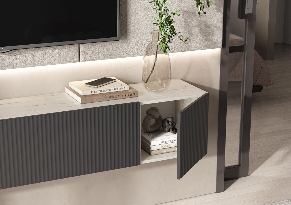 Тумба под телевизор подвесная Дуб крафт белый/Графит софт 200х35х33