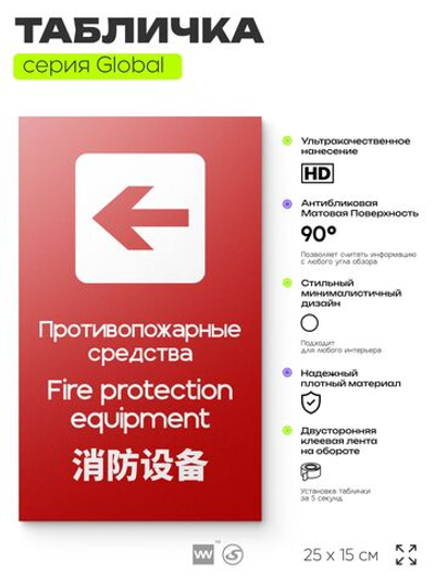 Табличка Место размещения средств противопожарной защиты, на дверь и стену, информационная и мультиязычная (русский, английский, китайский), серия GLOBAL, 25х15 см, Айдентика Технолоджи