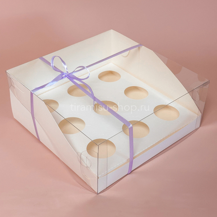 Коробка на 9 капкейков с пластиковой крышкой 23,5 х 23,5 х 10 см, белая